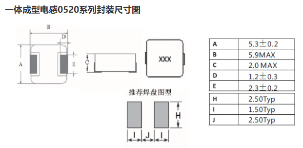 一體成型電感0520系列封裝尺寸圖